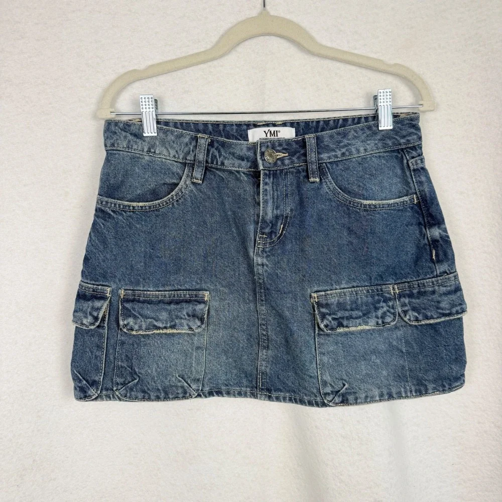 YMI Denim Mini Skirt Womens 7/28 Cargo Utility Pockets Medium Wash Blue